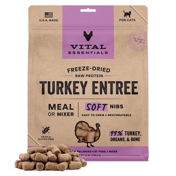 Vital Essentials Freeze-Dried Raw Protein Turkey Soft Nibs Meal or Mixer Cat Food