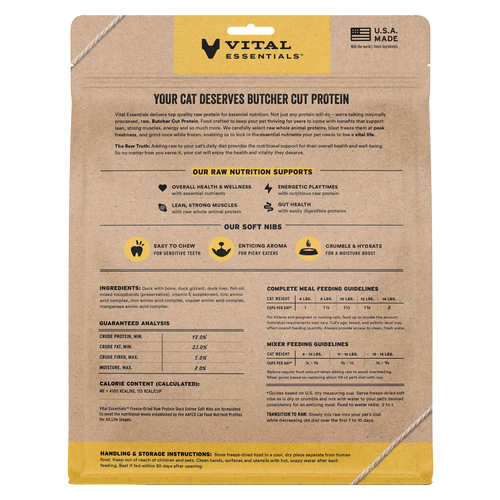 Vital Essentials Freeze-Dried Raw Protein Duck Soft Nibs Meal or Mixer Cat Food