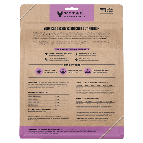 Vital Essentials Freeze-Dried Raw Protein Turkey Soft Nibs Meal or Mixer Cat Food